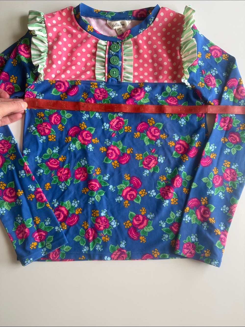 Matilda Jane Blue Floral Rashguard with Pink Polka Dot Yoke Sz 12 EU - Picture 7 of 13
